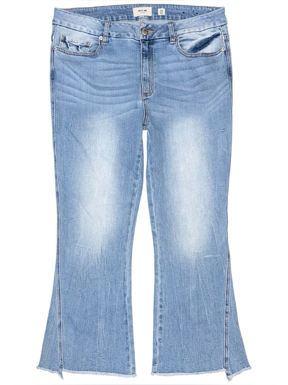 MISS ME Denim Crop Flare Jeans Light Wash Raw Hem Womens 32 x 26 Stretch M2190FL